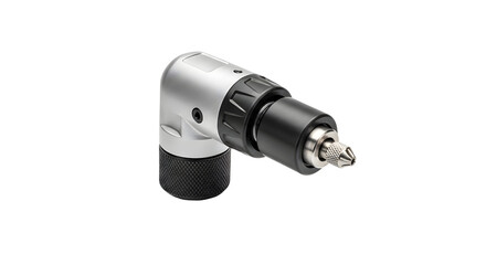 Close up of a silver and black right angle drill attachment on a black background
