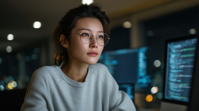 Asian programmer immersed in code working late modern office professional female tech expert software engineer coding cybersecurity data analysis innovation