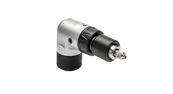 Close up of a silver and black right angle drill attachment on a black background