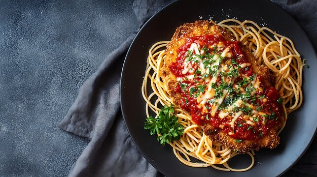 Overhead view of chicken parm with spaghetti on a matte plate, golden crust and red sauce highlighted