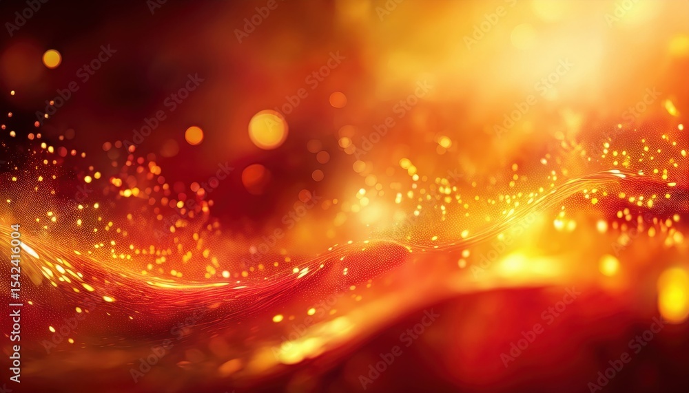 Poster abstract golden light wave on fiery red background with sparkling particles and glowing bokeh for dy