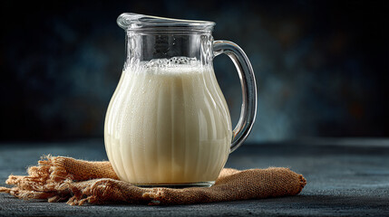 A glass pitcher filled with milk on a burlap cloth table.