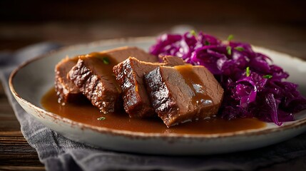 Traditional German sauerbraten with gravy served on a rustic white plate, braised beef slices with red cabbage on the side