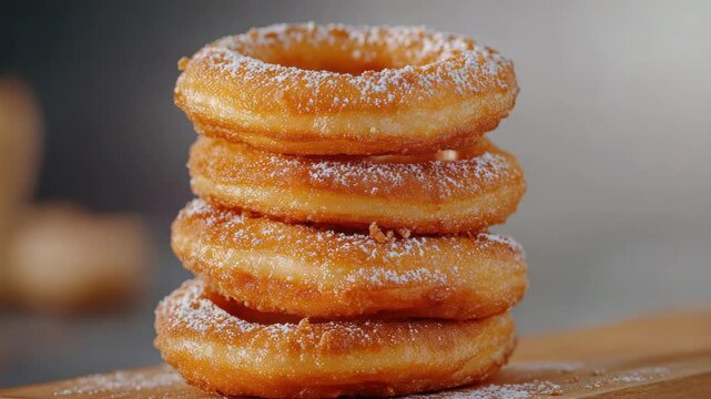 Delicious stacked fried donuts topped with powdered sugar, sweet dessert for pastry lovers