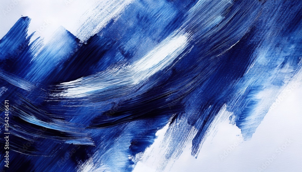 Poster bold abstract indigo brushstroke on white canvas with dynamic sweeping motion and textured layering,