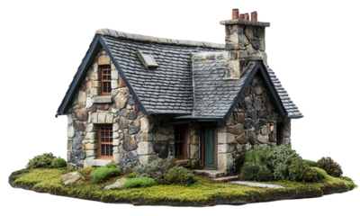 Stone cottage house miniature rustic countryside architecture isolated on transparent background.