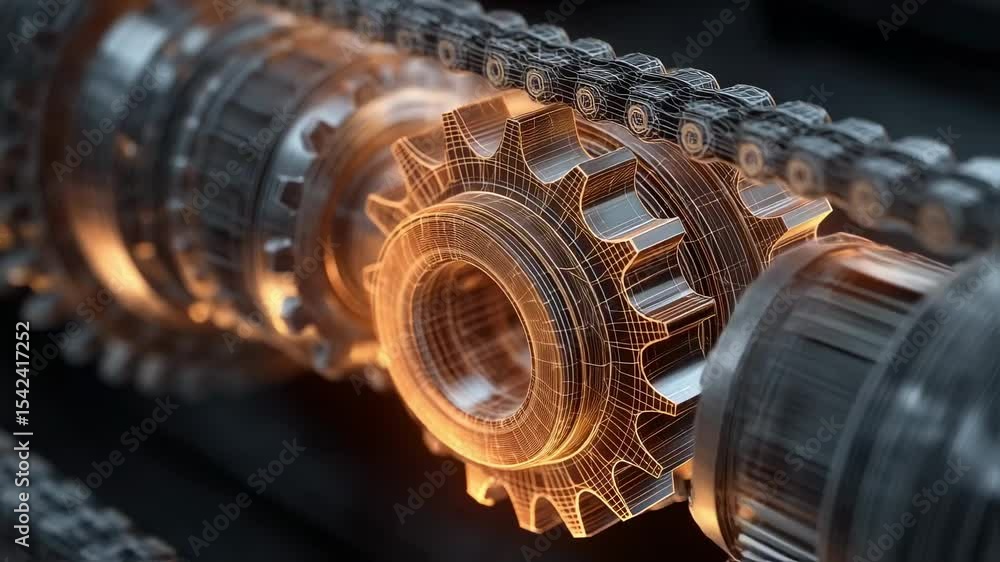 Poster complex mechanism with gears and chain rotating, representing innovation in mechanical engineering, 