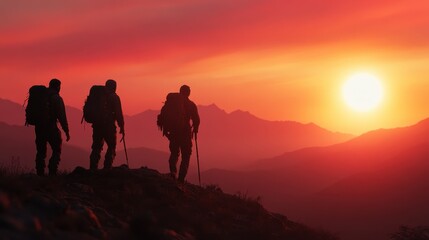 Three hikers ascend a rugged terrain silhouetted against a breathtaking sunset, symbolizing adventure, exploration, and the beauty of nature's transformative moments.