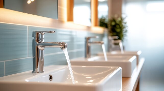 A contemporary restroom featuring sleek chrome faucets and minimalist white sinks arranged against a calming blue tile backdrop, emphasizing modern design and cleanliness.