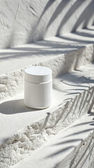 Matte White Supplement Jar on Textured White Plaster with Minimal Shadows
