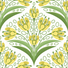 Seamless floral pattern with stylized yellow tulip-like flowers and green leaves on a transparent background. Perfect for fabric prints, wrapping paper, wallpapers, digital use, and surface decoration