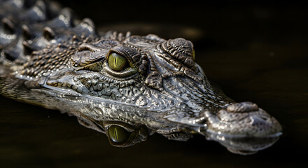 Fototapeta premium Crocodile partially submerged in water, focus on the eyes, dramatic lighting, nature photography