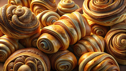 Golden Brown Swirled Pastry Closeup Many Sweet Treats