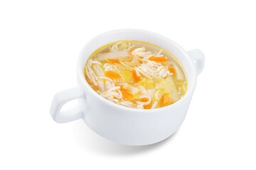 Potato pasta celery chicken soup in a bowl on a white isolated background