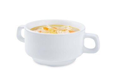 Potato pasta celery chicken soup in a bowl on a white isolated background