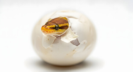 Close-up of a baby snake hatching from an egg, macro lens, pure white studio background