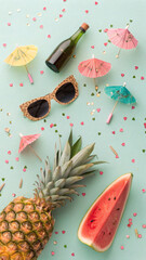 Playful Flatlay for Tropical Bachelorette Party with Fruit and Confetti

