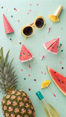 Playful Flatlay for Tropical Bachelorette Party with Fruit and Confetti
