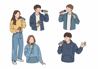 Artistic Hand Drawn People Singing with Microphone Illustration