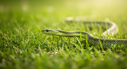 Snake slithering through grass with bokeh background, shallow depth of field, natural light