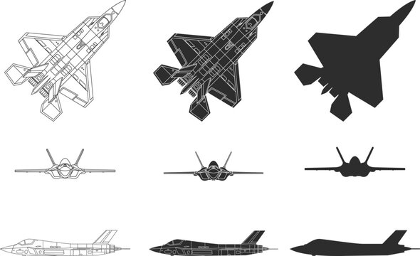 Set of Turkish TAI Kaan fighter jets, top, front and side view icons, airplane line icons, isolation and silhouette in black colors.