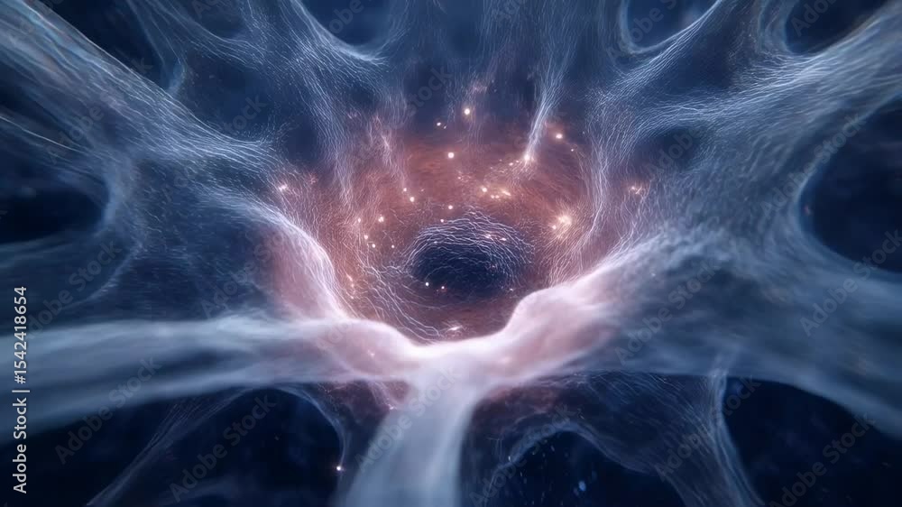 Poster glowing particles and energy streams are swirling around a central vortex, creating a dynamic and me