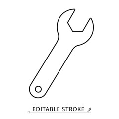 Wrench icon in minimal line style with editable stroke. Repair tool, spanner symbol for mechanical service, technical maintenance, construction visuals, system adjustment and engineering concept.