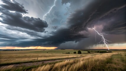 Obraz premium A dramatic, stormy sky over an open prairie or field.