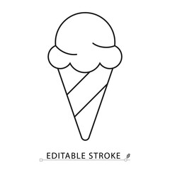 Ice cream cone icon in minimal line style with editable stroke. Sweet dessert in waffle cone, symbol of summer treat, cold food, frozen snack, refreshing sweets, menu visuals and food content design.