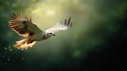Obraz premium A stunning hawk soars majestically through the air, wings outstretched, embodying freedom and strength amidst a softly blurred natural landscape, capturing the essence of wild beauty.