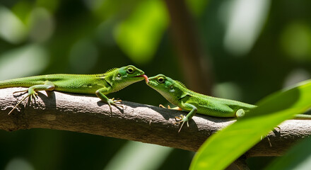 Fototapeta premium Two small reptiles on a branch interacting, playful wildlife behavior, outdoor setting