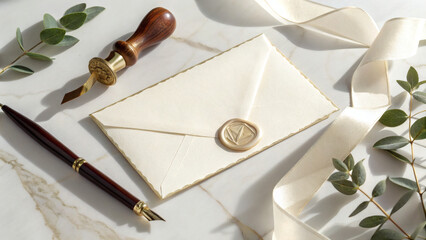 Luxury Wedding Invitation Mockup with Gold Foil Details and Silk Ribbon
