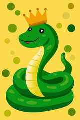 Fototapeta premium Charming Green Cartoon Snake With a Golden Crown Enjoying a Vibrant Background Filled With Fun Shapes