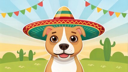 Beautiful dog in mexican traditional hat in sunny outdoors background. Cute funny staffordshire terrier dressed up in sombrero hat as mexico festive symbol or for halloween
