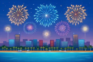 Fireworks over cityscape by the beach and sea surrounding with hotels, restaurant, and service boats and cruises during blue twilight time for celebrating New Year eve and special occasion on holidays