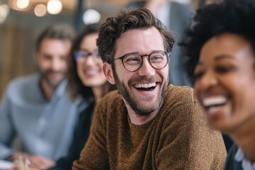 Group of colleagues interacting and sharing ideas in a modern office setting during a lively meeting session in the afternoon