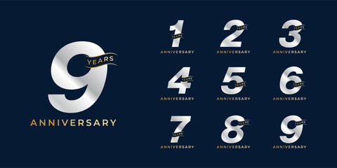 Set of modern vector logo designs for 1 years to 9 years anniversary with waves, in gold color for celebrations, weddings and birthdays