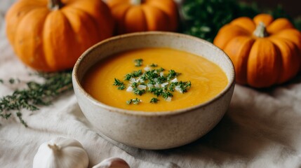 Autumn Harvest Soup in Ceramic Bowl with Pumpkins, Garlic, and Fresh Herbs