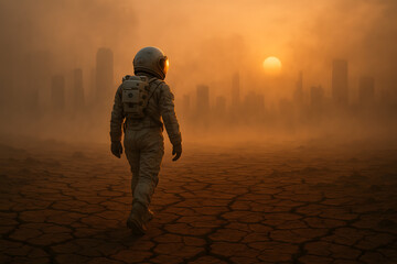 A lone astronaut crosses a cracked desert toward a hazy futuristic city skyline under a dramatic orange sunset and thick dust..