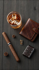 Dark Chic Flatlay for Bachelor Party with Whiskey and Cigar Elements
