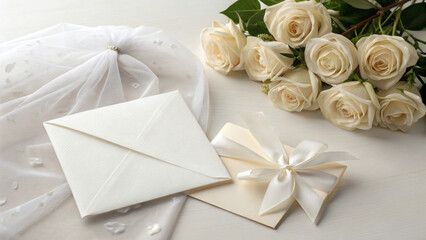 Classy Flatlay with White Roses, Veil and Invitation for Modern Bride
