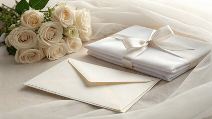 Classy Flatlay with White Roses, Veil and Invitation for Modern Bride
