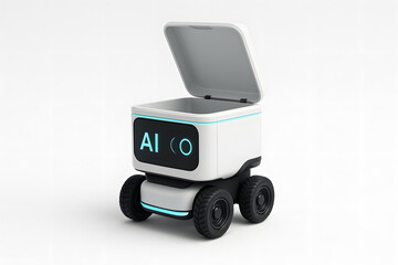 Minimalist AI delivery robot with four wheels and open container design, isolated on white, for smart logistics and automation..