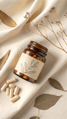 Superfood Capsules in Glass Jar with Botanical Illustration Label and Linen Background
