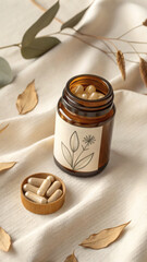 Superfood Capsules in Glass Jar with Botanical Illustration Label and Linen Background
