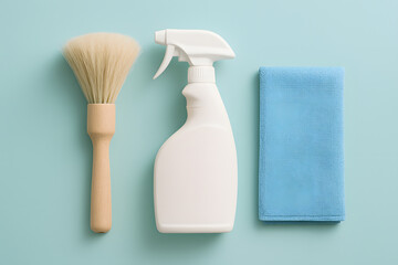 Flat lay of cleaning supplies including a brush, spray bottle, and microfiber cloth on a light blue surface..