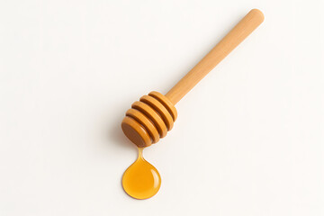 A wooden honey dipper dripping golden honey onto a clean white background in a minimalist composition..