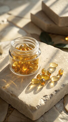 Luxury Omega Capsules in Open Glass Jar on Cream Stone Platform
