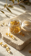 Luxury Omega Capsules in Open Glass Jar on Cream Stone Platform
