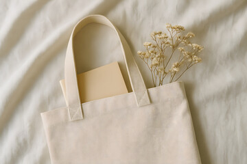 Soft fabric tote bag on a bed, filled with dried flowers and a notebook, evoking a calm natural aesthetic..